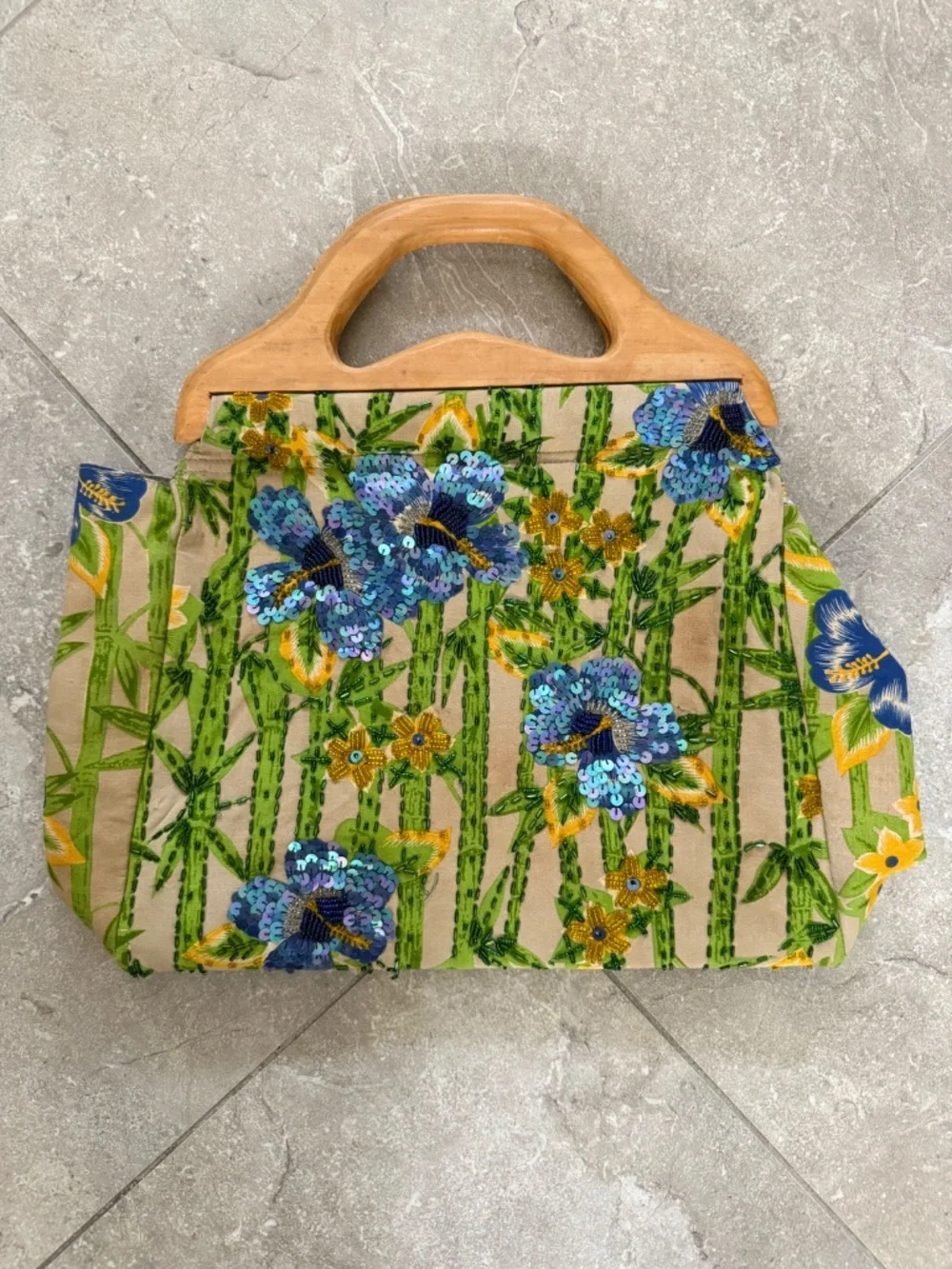 Vintage Mystique Beaded Floral Wood Handle Summer Bag Art to Wear ONE OF A KIND